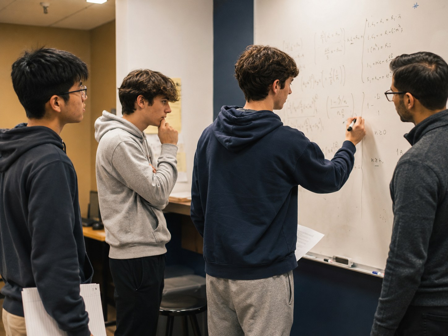 Students and instructor working through math problems on a whiteboard