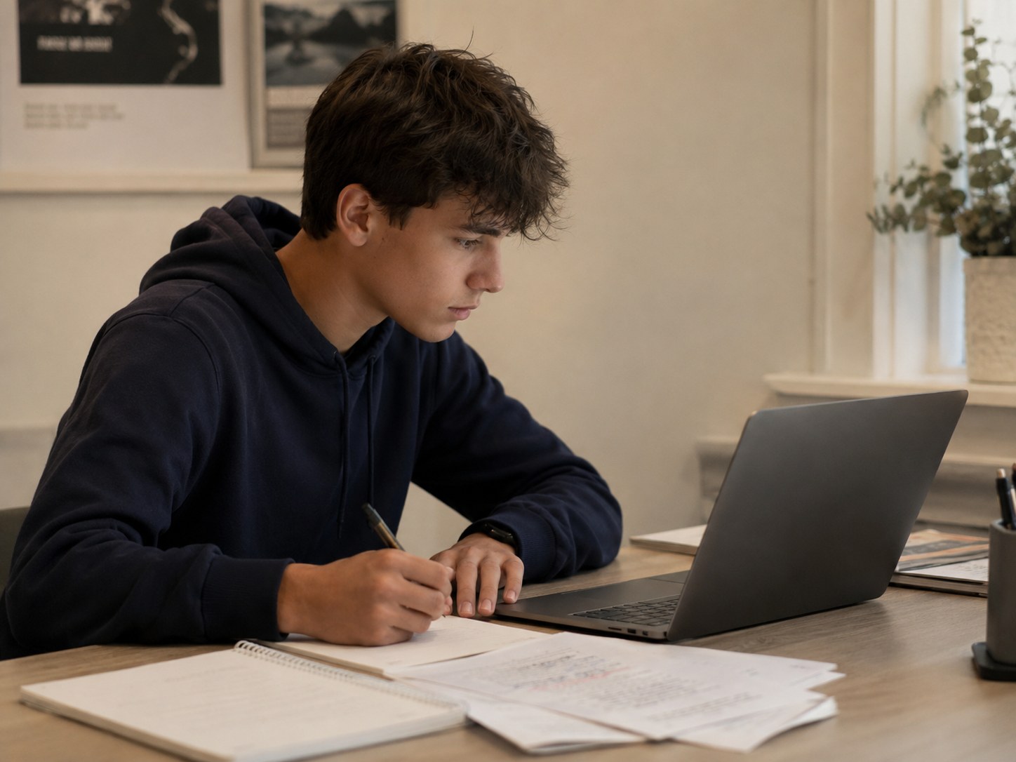 Student revising an essay with notes and a laptop